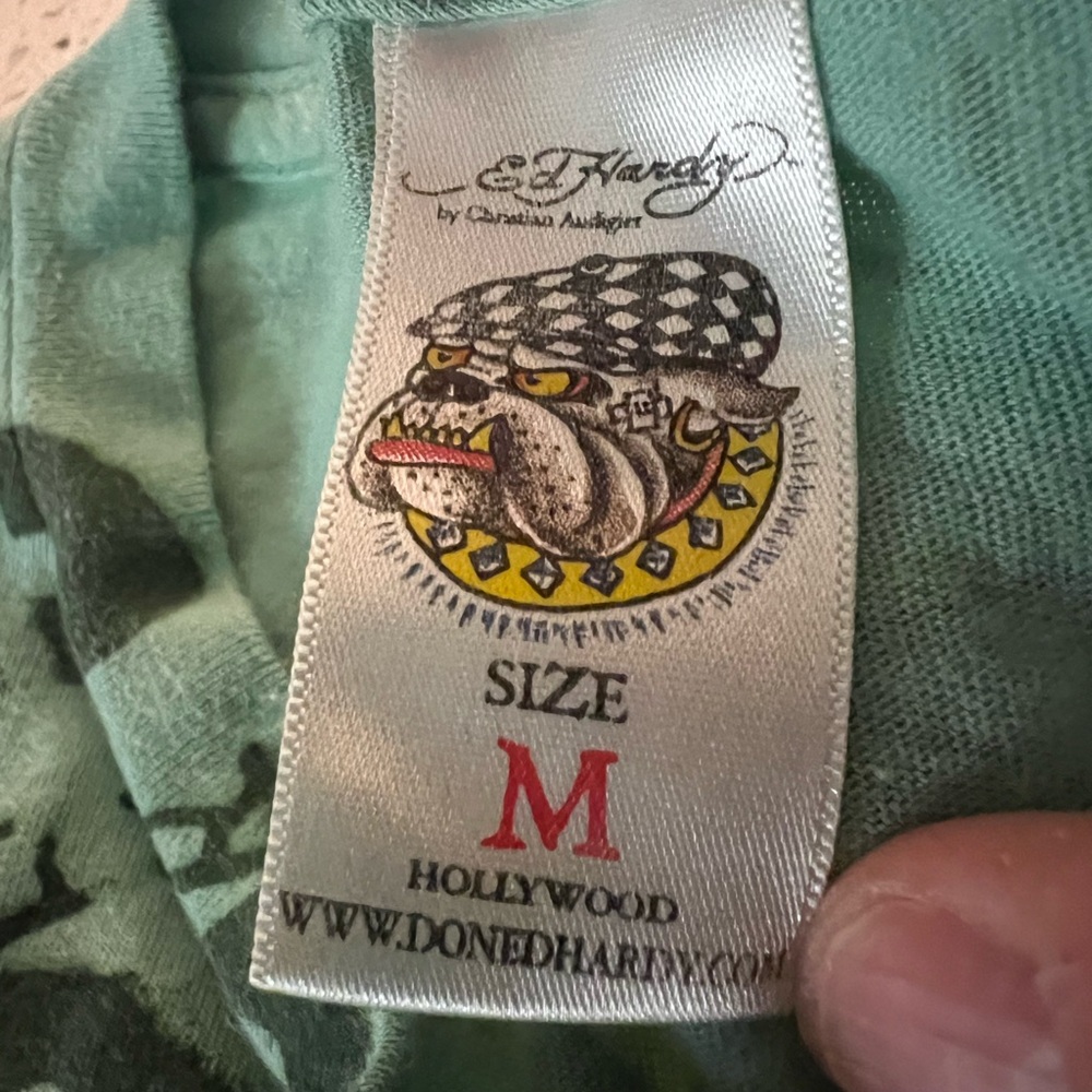 Ed Hardy Green Graphic Short Sleeve Tee with Multicolor Tattoo Print - Picture 10 of 12